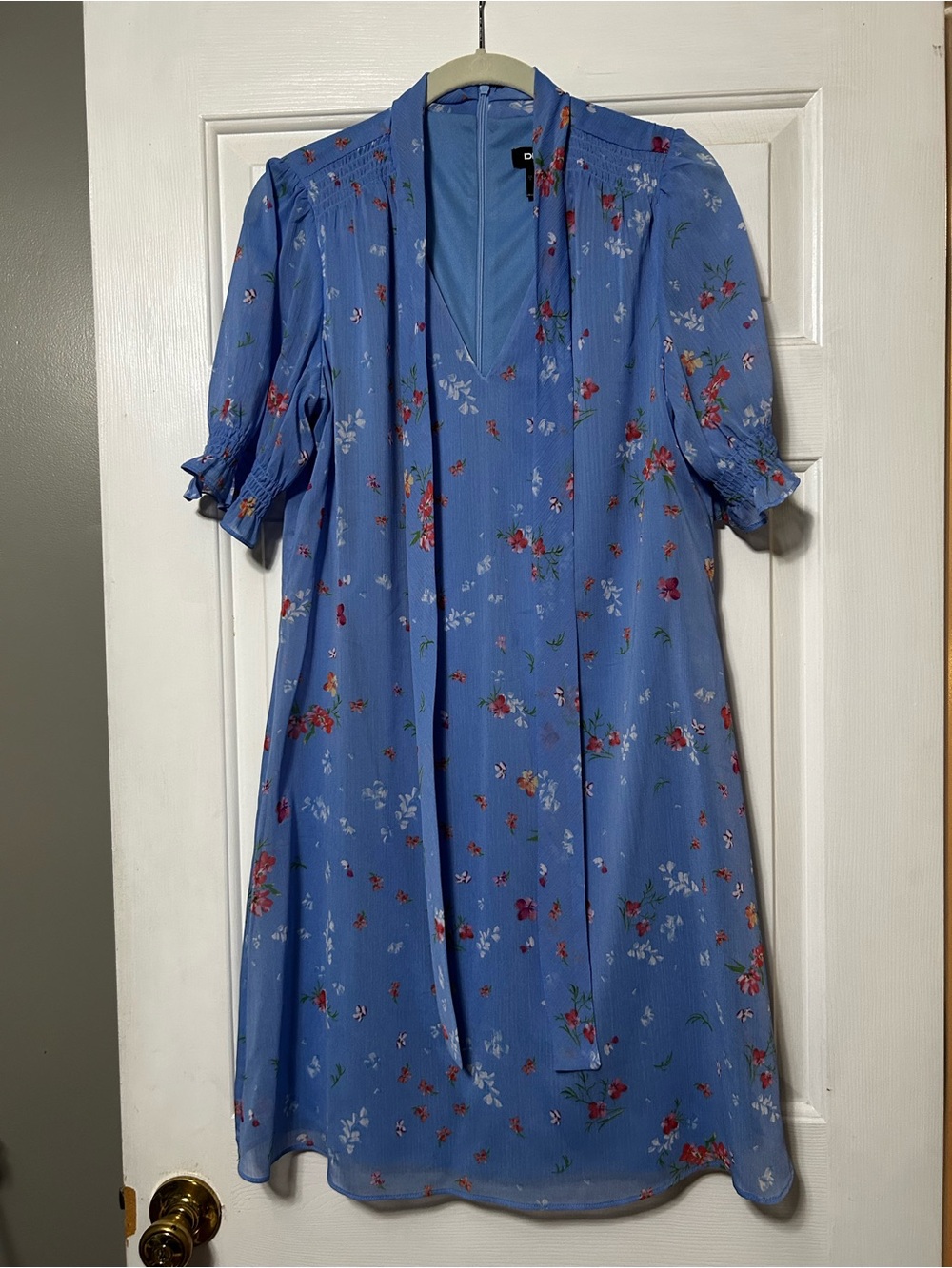 DKNY Light Blue Floral Dress with Yellow & Red Accents